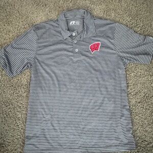 Russell Athletic Gray & White Striped Polo with Red 'W' Chest Patch